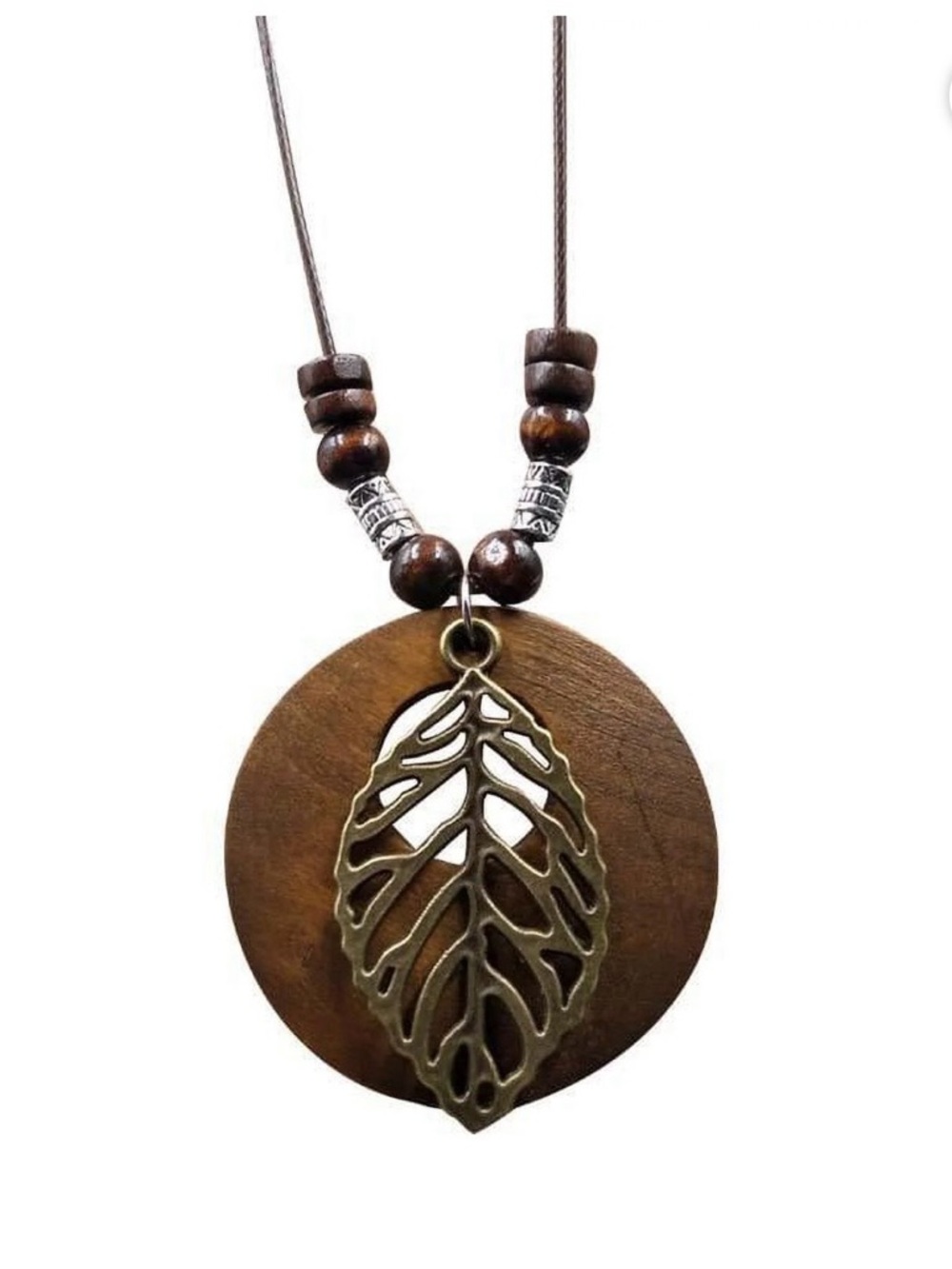 Boho Wood Leaf Pendant Necklace Long Brown Cord Beaded Gold Leaf Statement 35”